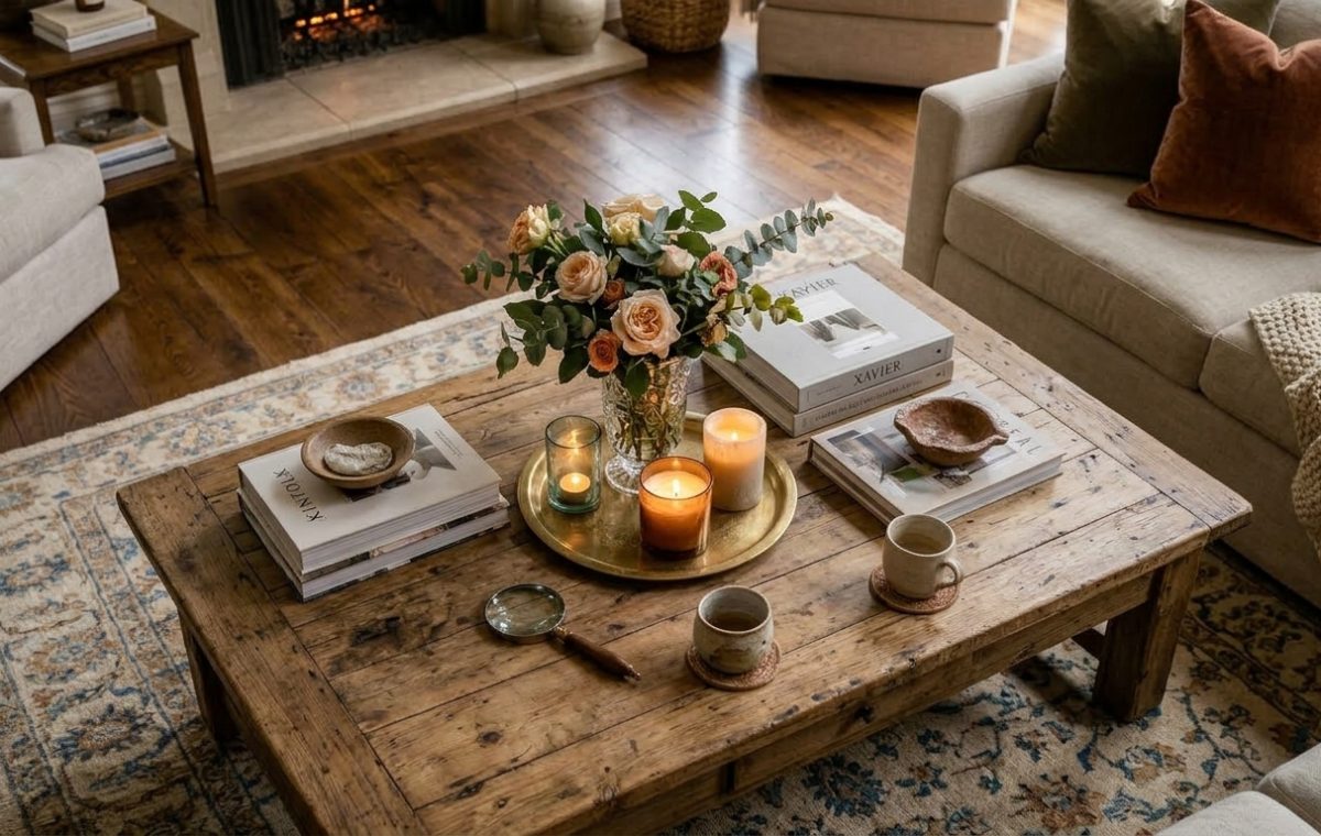 Rustic coffee table styling featuring books, fresh flowers, and candles in a neutral living room.