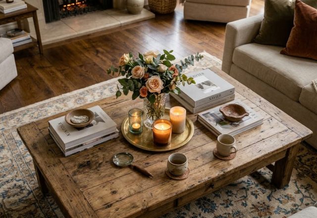 Rustic coffee table styling featuring books, fresh flowers, and candles in a neutral living room.