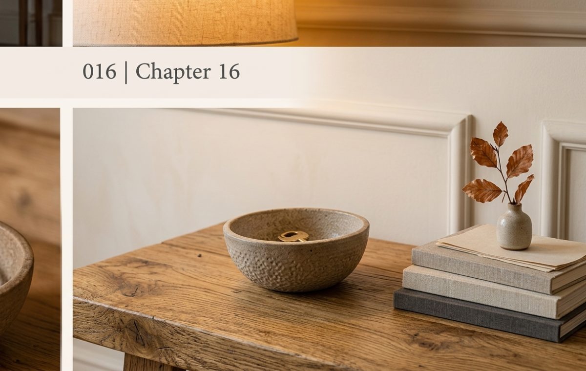 Rustic entryway styling featuring a wooden bench with a ceramic drop bowl and stacked books.