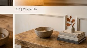 Rustic entryway styling featuring a wooden bench with a ceramic drop bowl and stacked books.