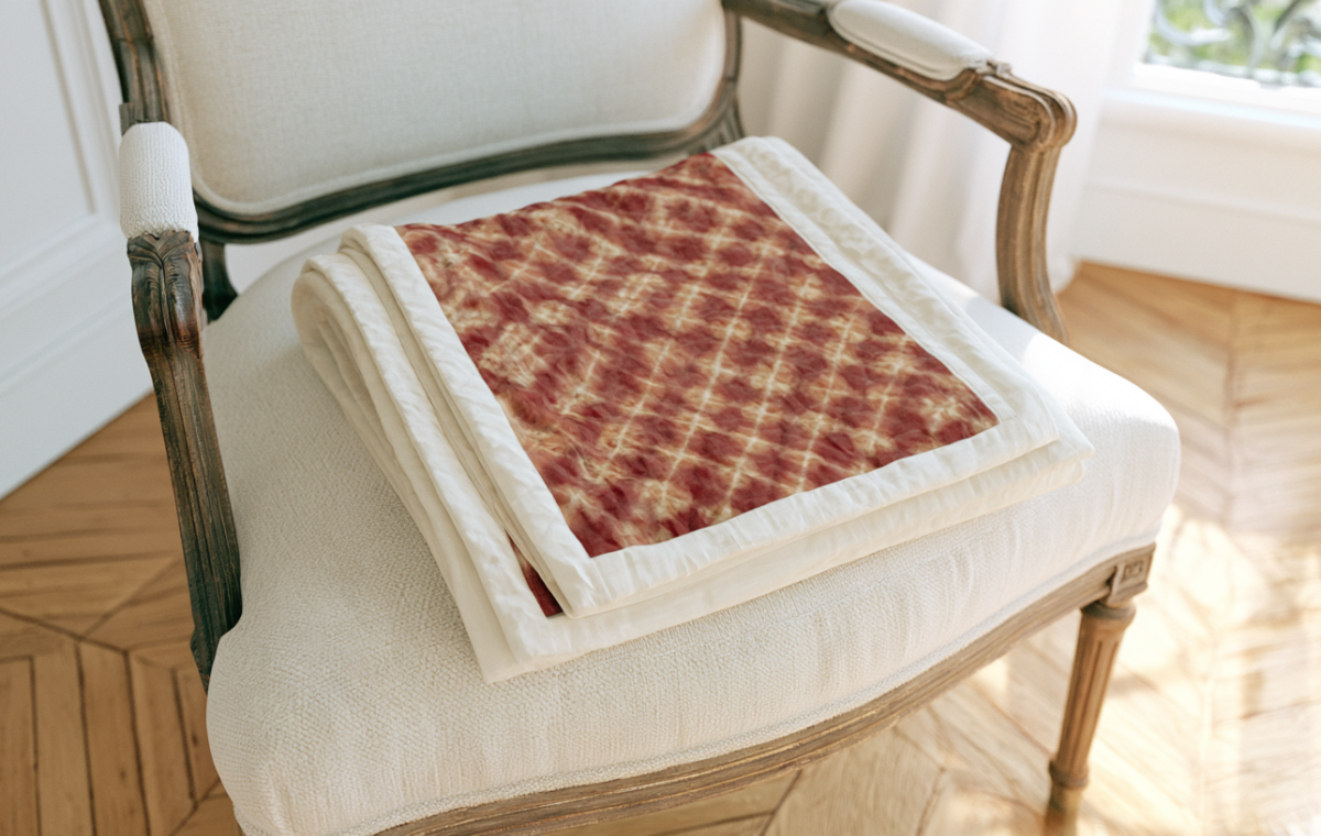 A crimson patterned quilt folded neatly on a cream vintage armchair in a bright living space.