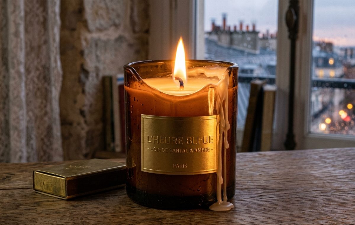 Amber glass scented candle burning on a rustic wooden table with a rainy window in the background.