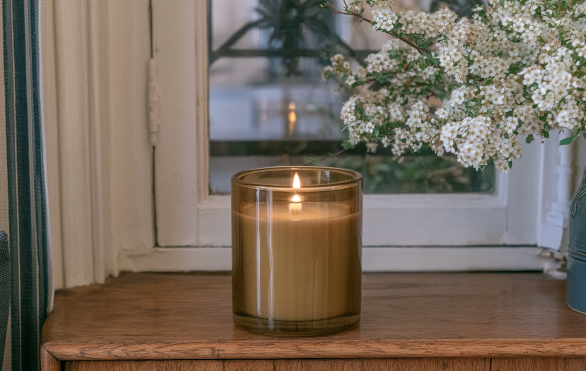 Amber glass scented candle burning on a wooden window sill next to white blossoms