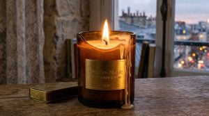 Amber glass scented candle burning on a rustic wooden table with a rainy window in the background.