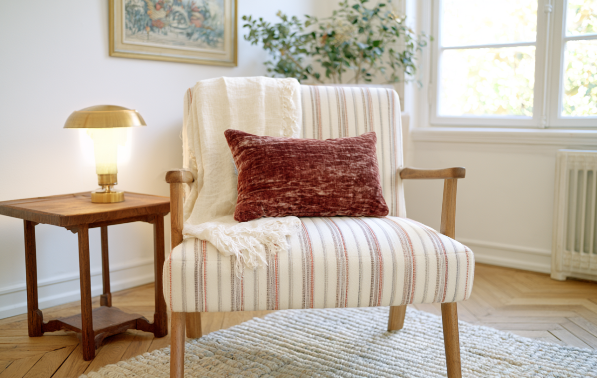 Striped armchair styled with a velvet rust pillow and brass lamp in a living room