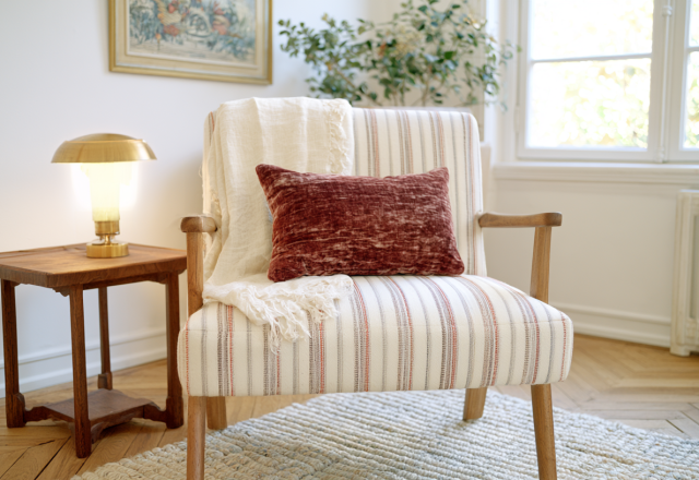 Striped armchair styled with a velvet rust pillow and brass lamp in a living room