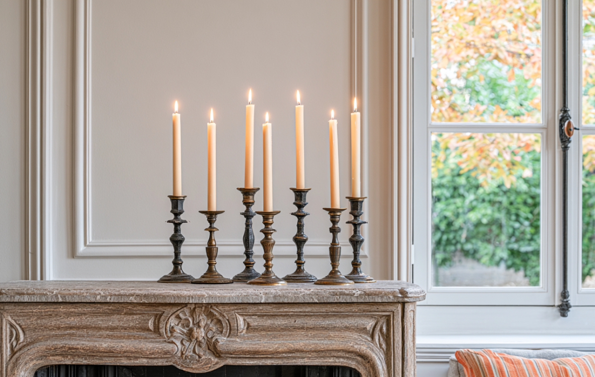 A sophisticated mantel candle arrangement featuring antique brass holders and glowing taper candles on a carved stone fireplace.