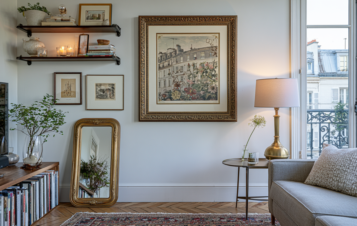 A sophisticated living room gallery wall layout featuring mixed frames, an ornate floor mirror, and floating shelves.