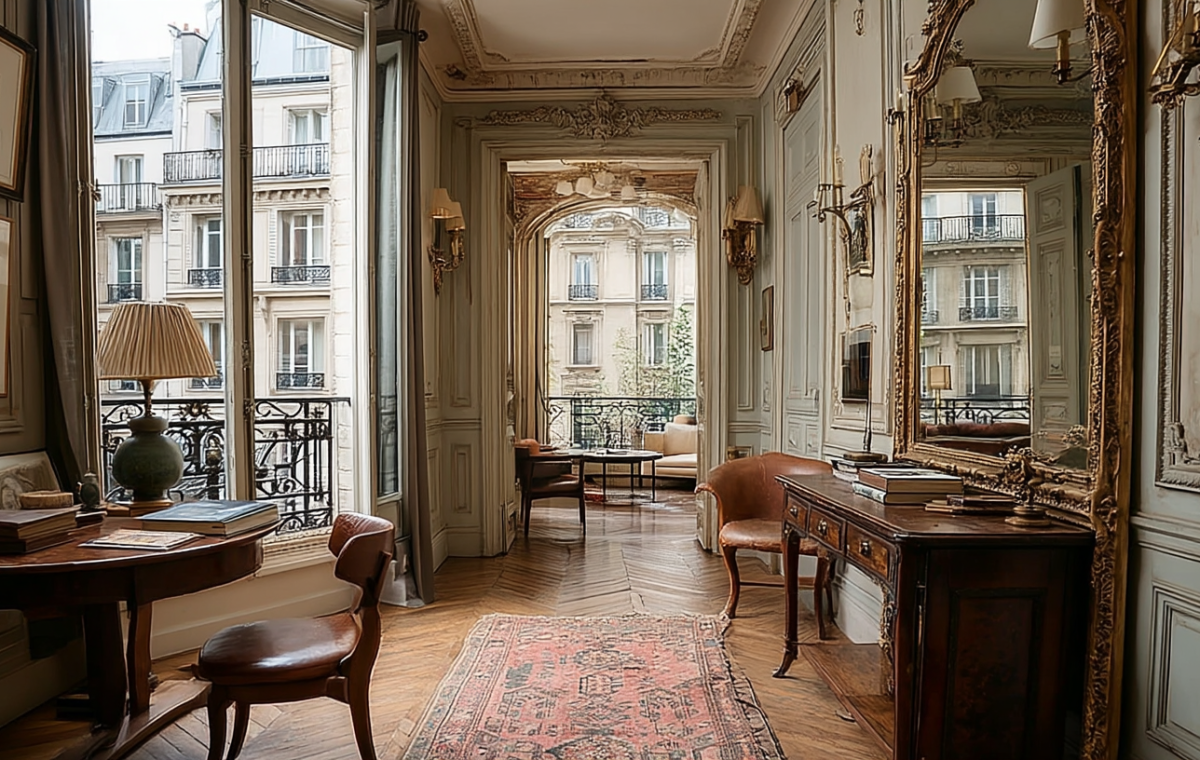 Elegant French apartment interior featuring herringbone floors and antique furniture