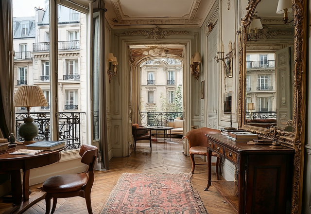 Elegant French apartment interior featuring herringbone floors and antique furniture