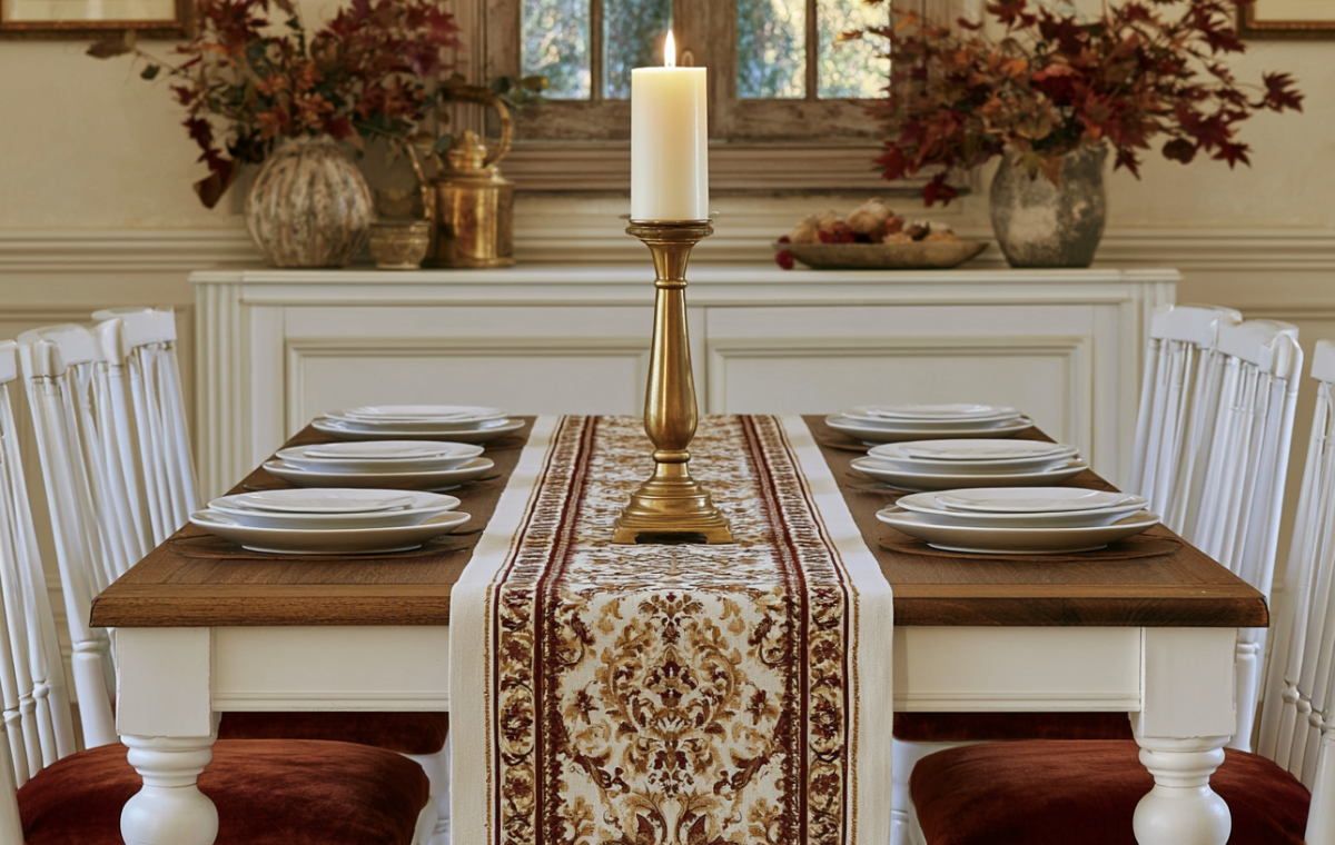 Formal dining room table setting with a brass candle centerpiece and rustic wooden table runner