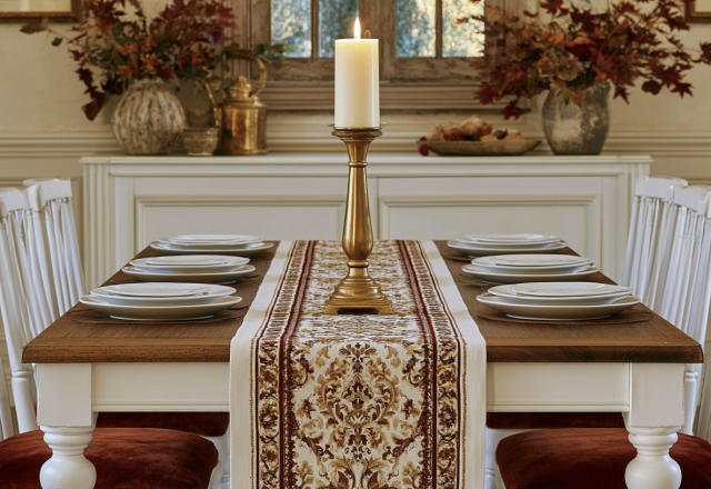 Formal dining room table setting with a brass candle centerpiece and rustic wooden table runner