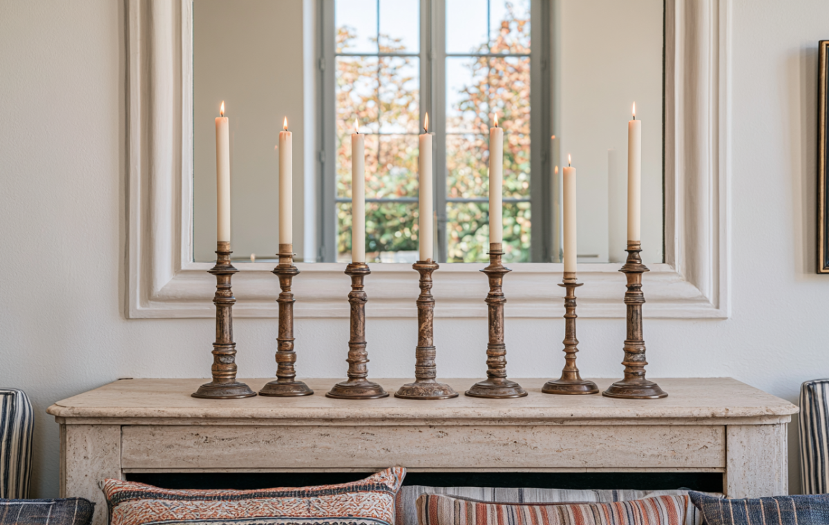 A sleek mantel candle display featuring seven antique brass candlesticks with lit white taper candles on a stone fireplace ledge.