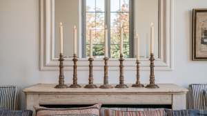 A sleek mantel candle display featuring seven antique brass candlesticks with lit white taper candles on a stone fireplace ledge.