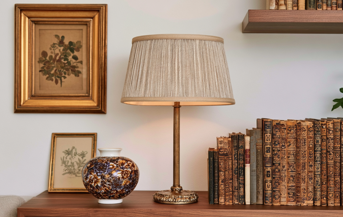 Vintage desk lamp styling with a pleated shade, brass base, antique books, and framed art on a wooden shelf.
