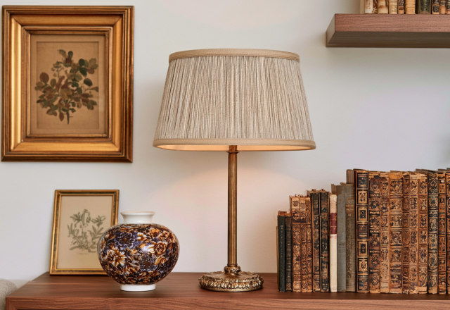 Vintage desk lamp styling with a pleated shade, brass base, antique books, and framed art on a wooden shelf.