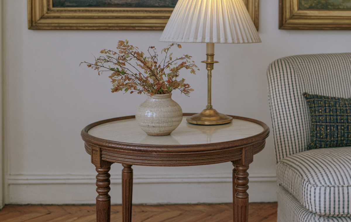 Vintage side table styling with a brass lamp and ceramic vase in a traditional living room