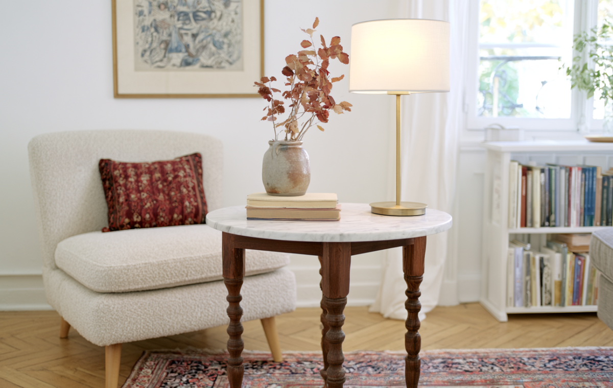 Vintage side table styling with a marble top, brass lamp, and dried botanicals in a bright living room.