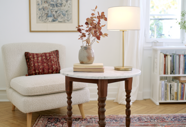 Vintage side table styling with a marble top, brass lamp, and dried botanicals in a bright living room.