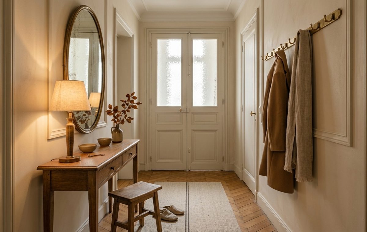 A warm entryway design featuring a wooden console table, brass coat rack, and herringbone wood floors.