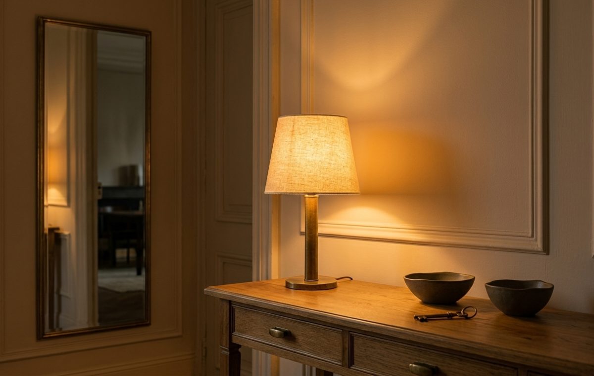 A cozy hallway featuring a warm table lamp on a wooden console table reflecting in a wall mirror.