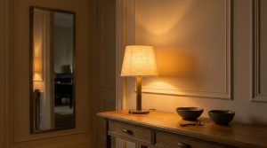 A cozy hallway featuring a warm table lamp on a wooden console table reflecting in a wall mirror.