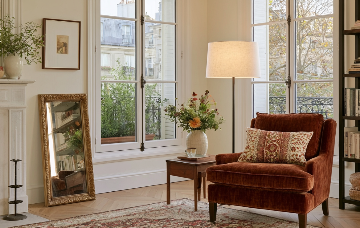 A cozy living room featuring a rust velvet armchair and warm interior styling elements.