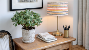 Wooden console table styled with a potted succulent plant, a brass lamp with patterned shade, and stacked notebooks.