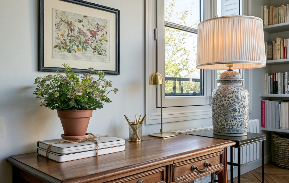 A styled wooden console table featuring a blue and white ceramic lamp, terracotta plant, and botanical art.