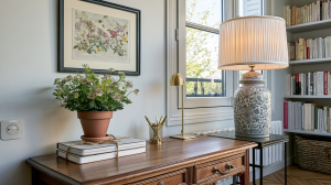 A styled wooden console table featuring a blue and white ceramic lamp, terracotta plant, and botanical art.