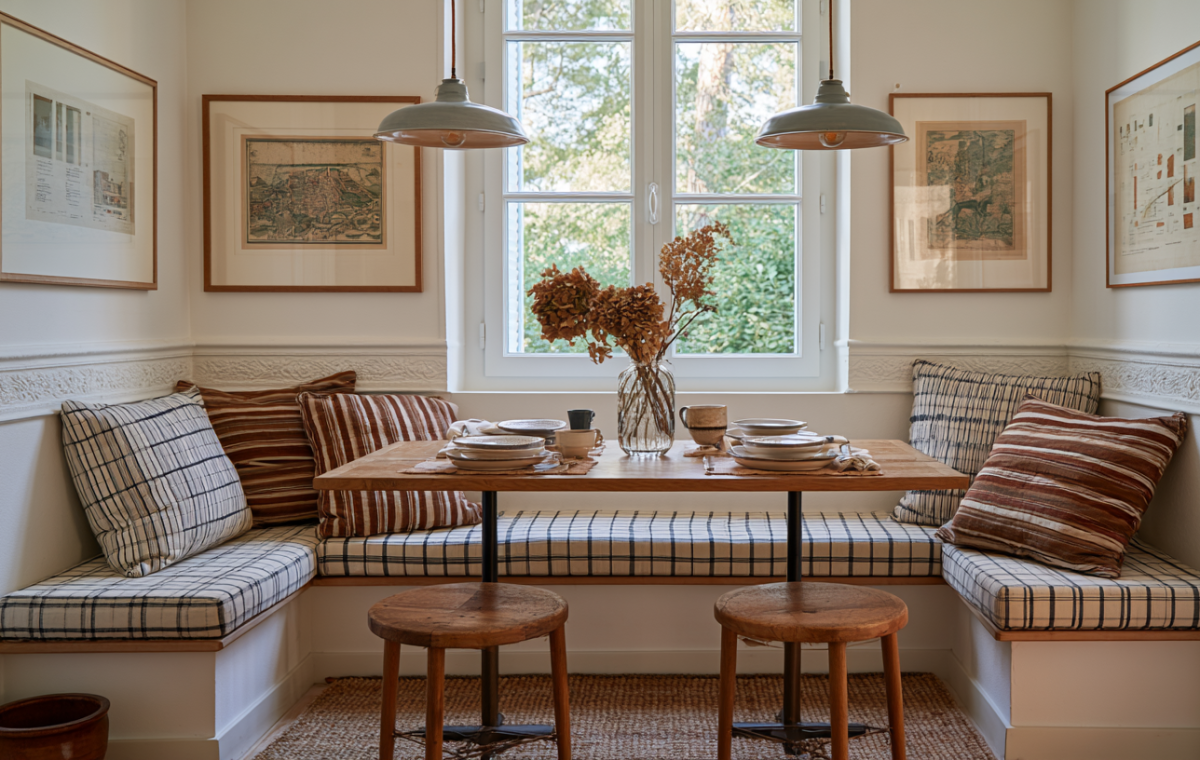 Cozy breakfast nook banquette featuring checkered cushions, wood table, and twin pendant lights.