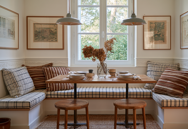 Cozy breakfast nook banquette featuring checkered cushions, wood table, and twin pendant lights.