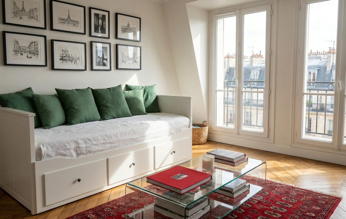 A stylish daybed with storage and green cushions in a bright living room with tall windows