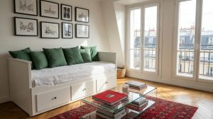 A stylish daybed with storage and green cushions in a bright living room with tall windows
