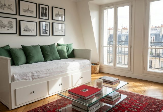 A stylish daybed with storage and green cushions in a bright living room with tall windows