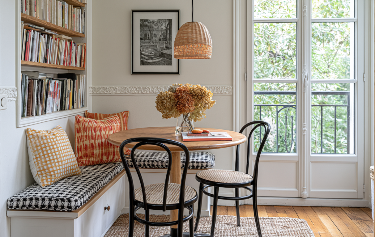 Cozy breakfast nook built in seating with houndstooth cushions and a round wooden table in a bright apartment.