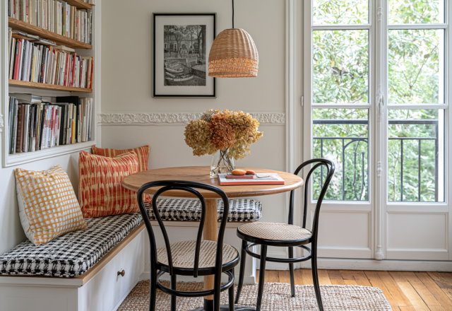 Cozy breakfast nook built in seating with houndstooth cushions and a round wooden table in a bright apartment.