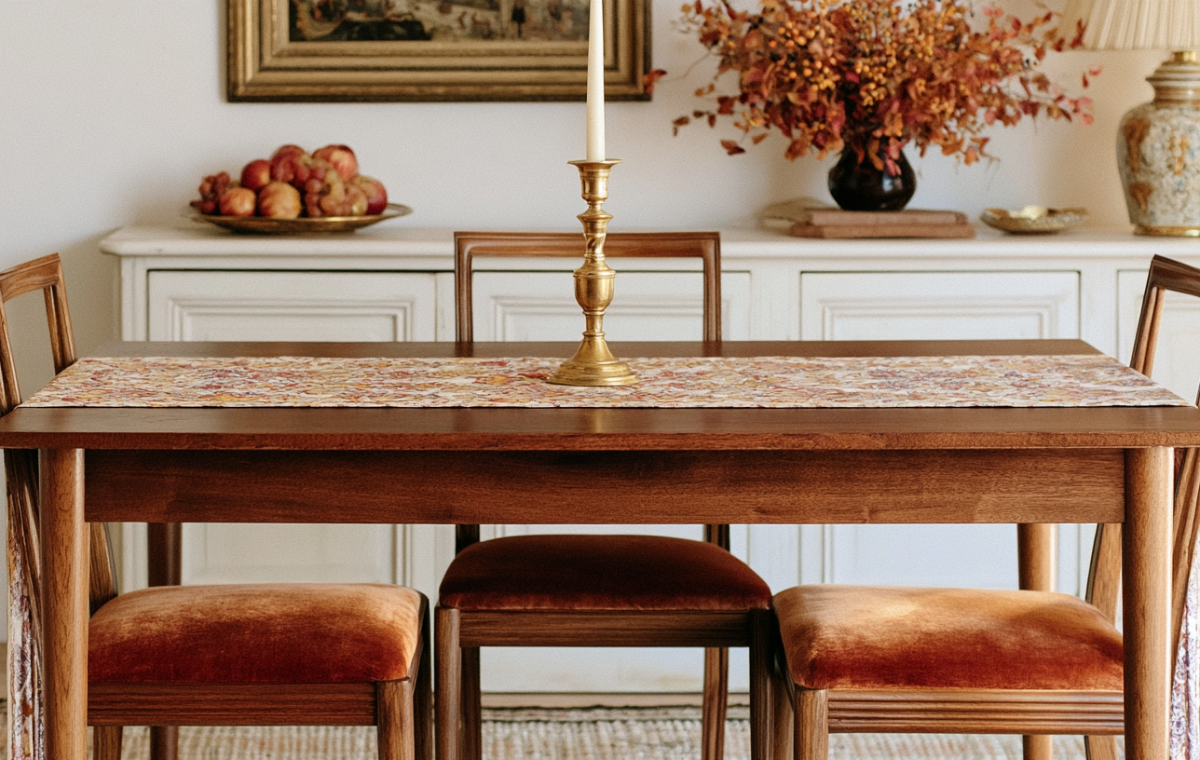 A midcentury dining table styled with velvet chairs, a brass candlestick, and a seasonal table runner.