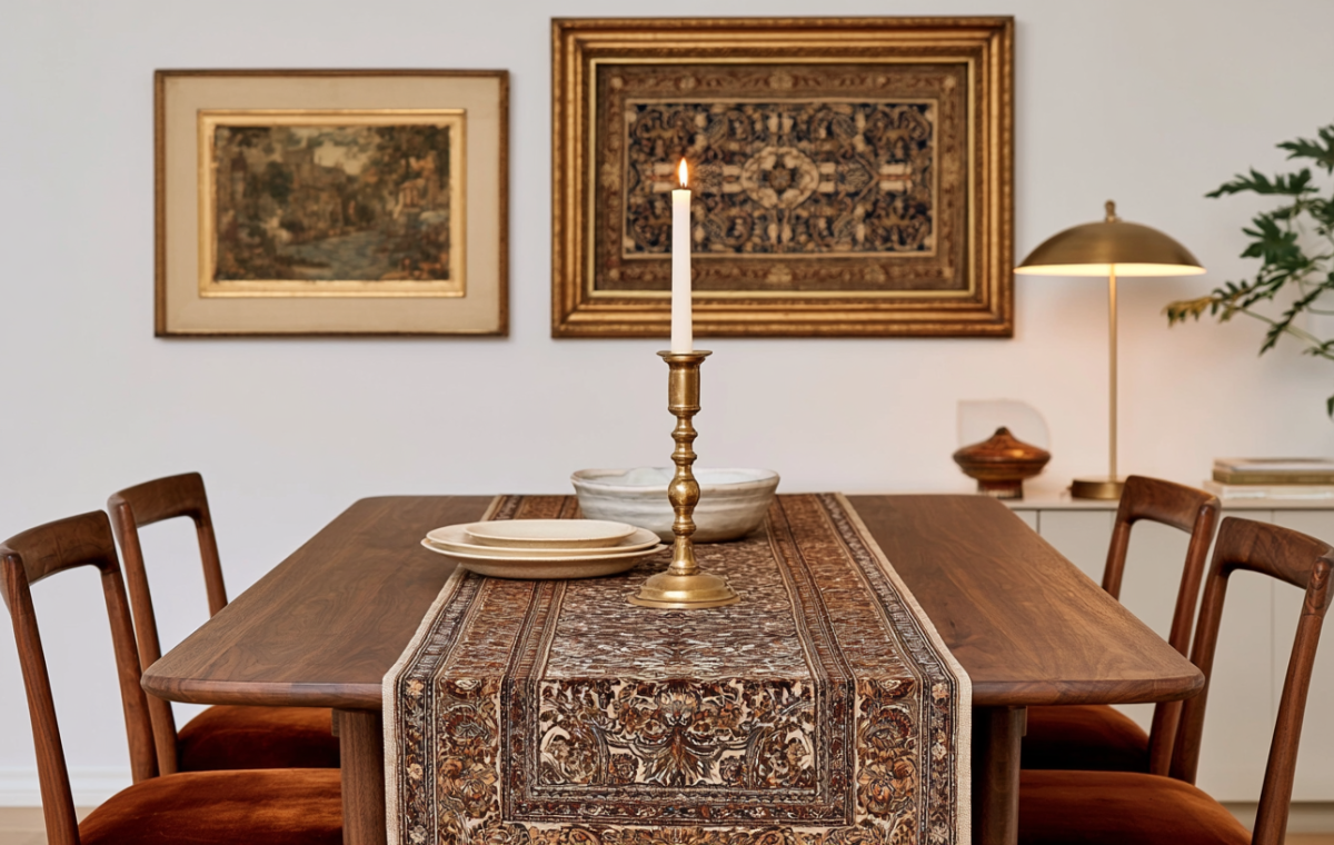 Midcentury modern dining room table styled with a patterned runner, brass candlestick, and velvet chairs.