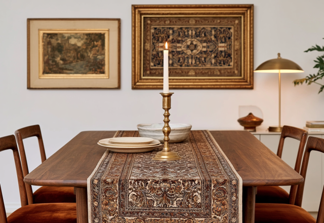 Midcentury modern dining room table styled with a patterned runner, brass candlestick, and velvet chairs.