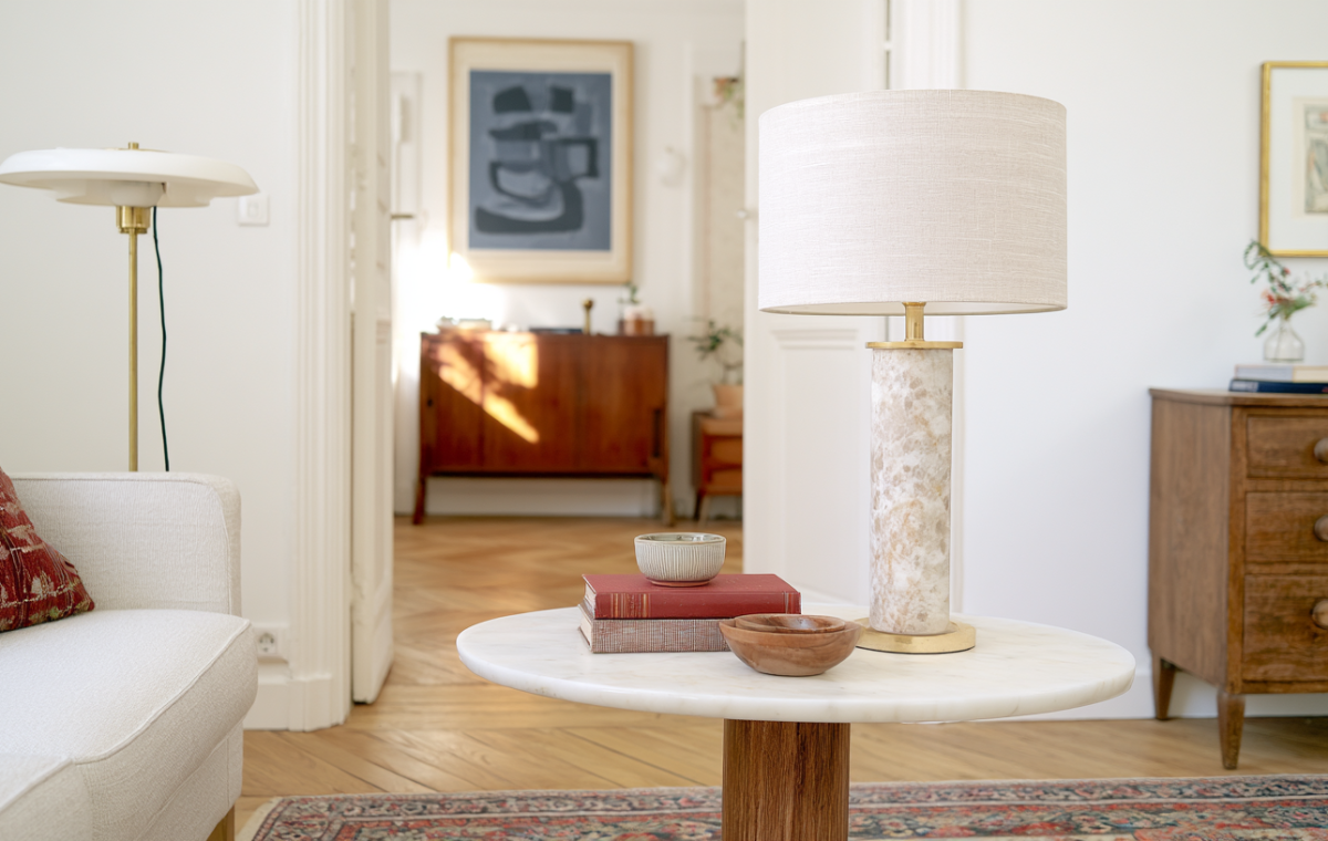 Midcentury modern living room with a marble table lamp and wooden accents