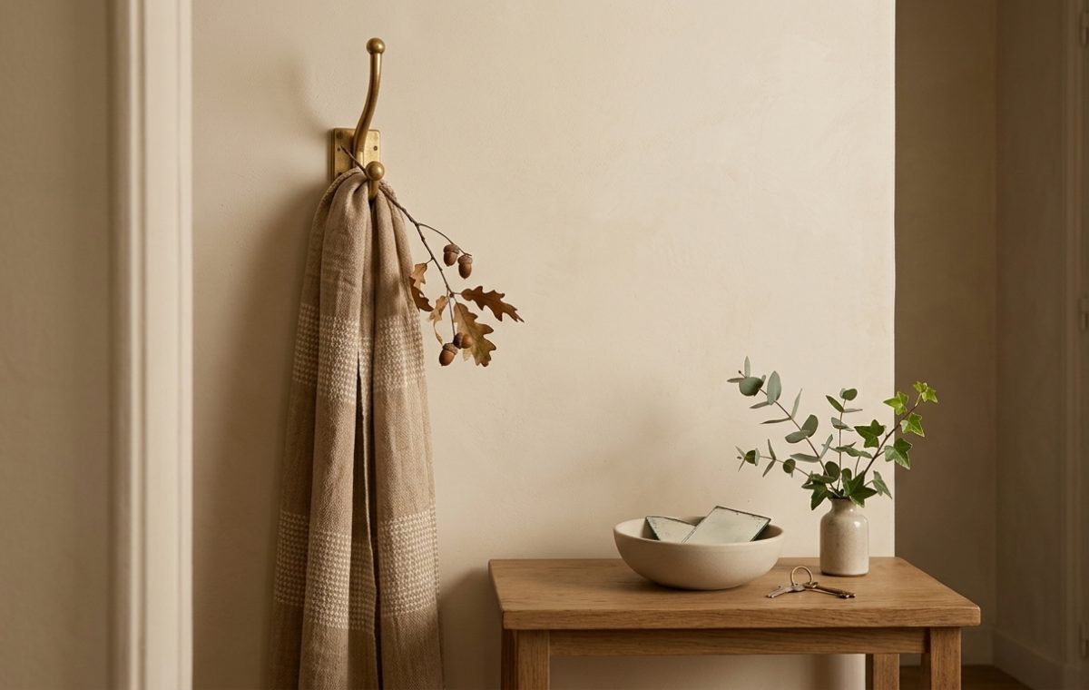 Minimalist entryway decor featuring a brass wall hook with draped throw, oak table, and ceramic catchall bowl.