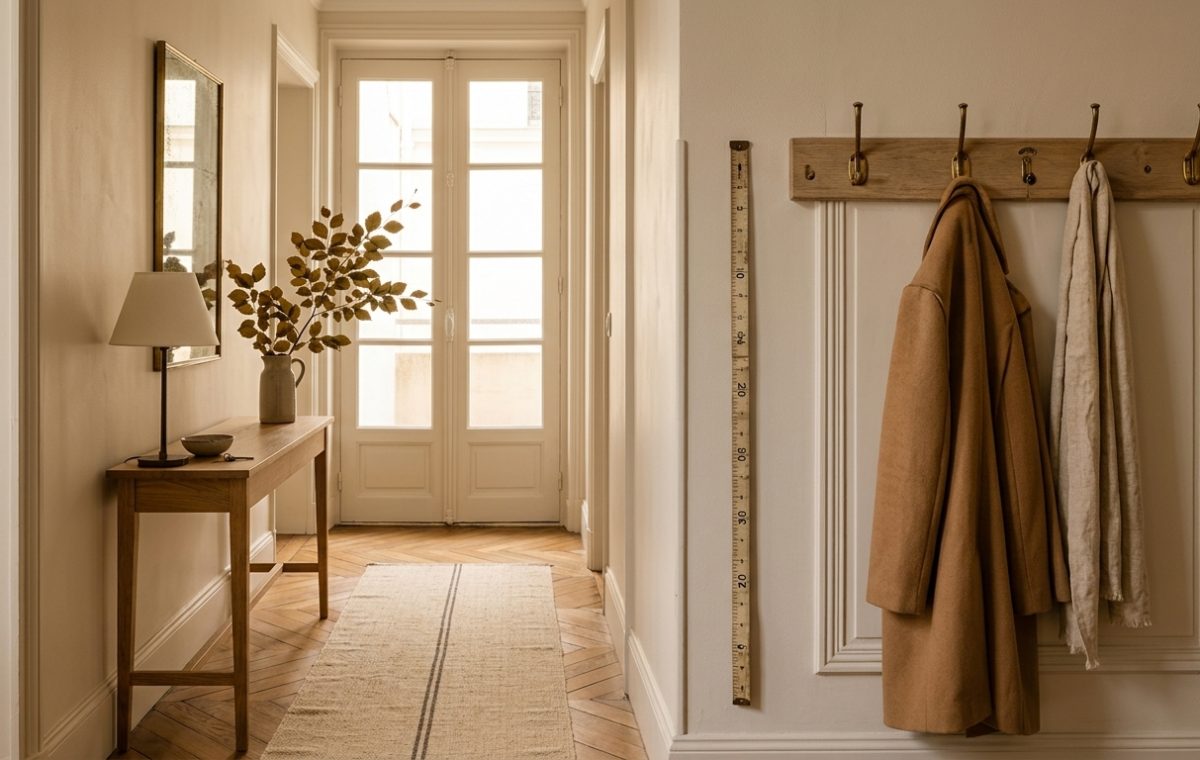 Minimalist hallway decor featuring a wooden coat rack, console table, and a narrow runner rug.