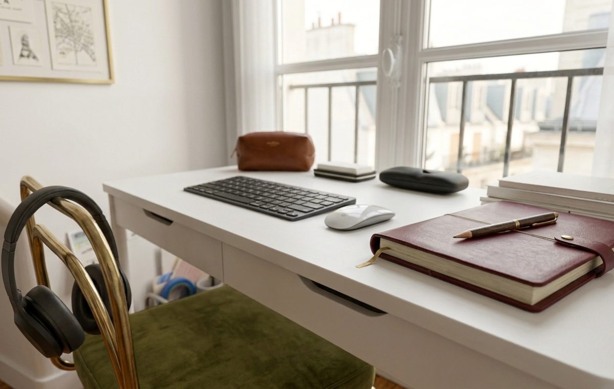 A clean minimalist home office desk setup featuring a white desk, wireless keyboard, green velvet chair, and natural light.