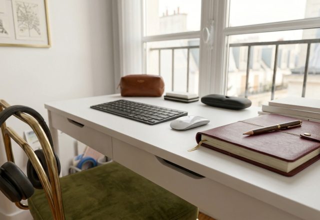 A clean minimalist home office desk setup featuring a white desk, wireless keyboard, green velvet chair, and natural light.
