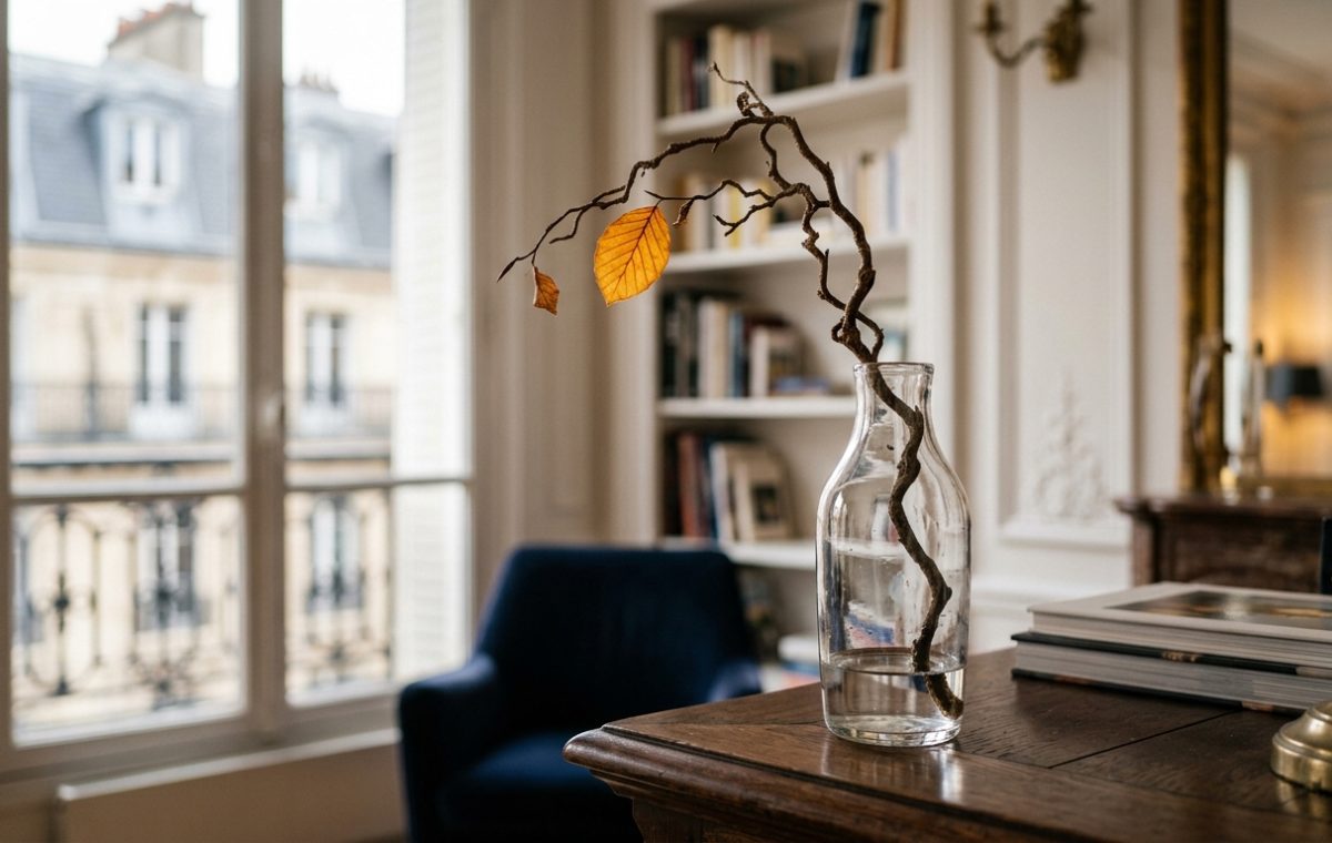 Minimalist home styling featuring a curved natural branch in a glass vase on a wooden desk near a tall window.