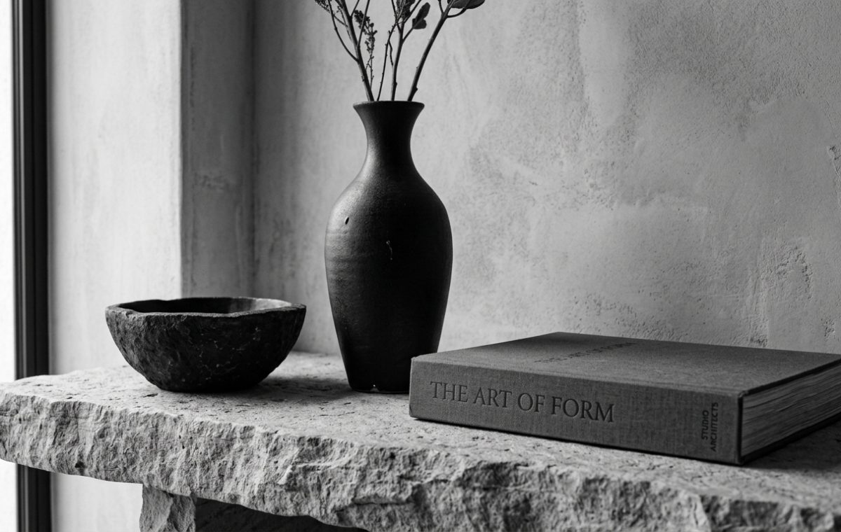 Minimalist shelf styling featuring a dark ceramic vase, stone bowl, and neutral book on a stone ledge.