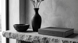 Minimalist shelf styling featuring a dark ceramic vase, stone bowl, and neutral book on a stone ledge.