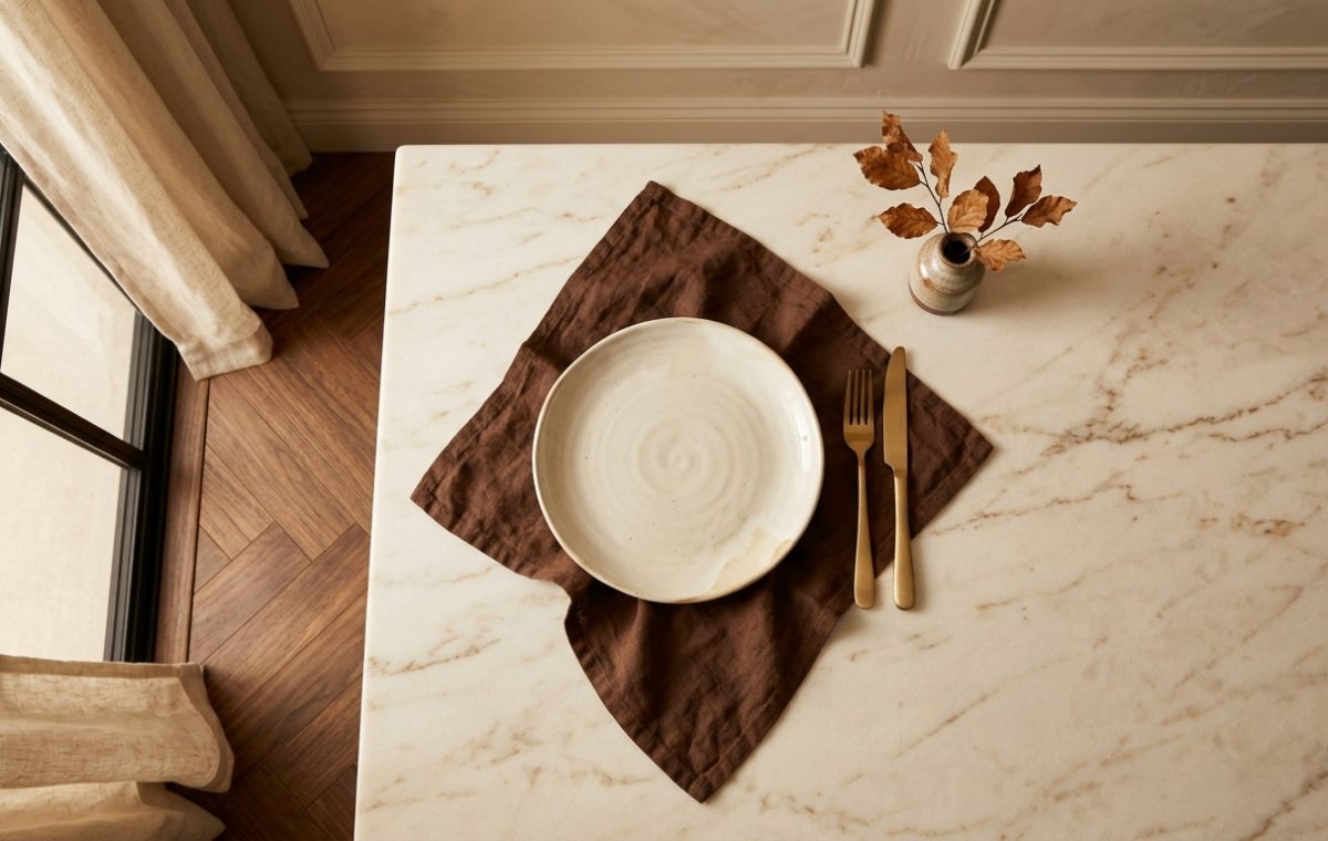 Minimalist tablescape featuring a white ceramic plate, dark linen napkin, and brass cutlery on a marble countertop.