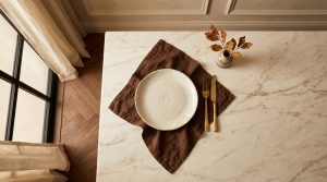 Minimalist tablescape featuring a white ceramic plate, dark linen napkin, and brass cutlery on a marble countertop.